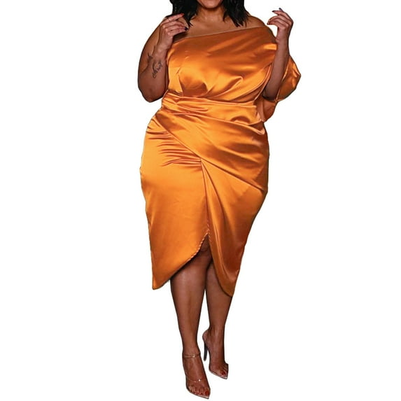 Summer Pleated Zipper Asymmetric One Short Sleeve Bright Women Plus Size Dress Plus Size Dress Bronze XL
