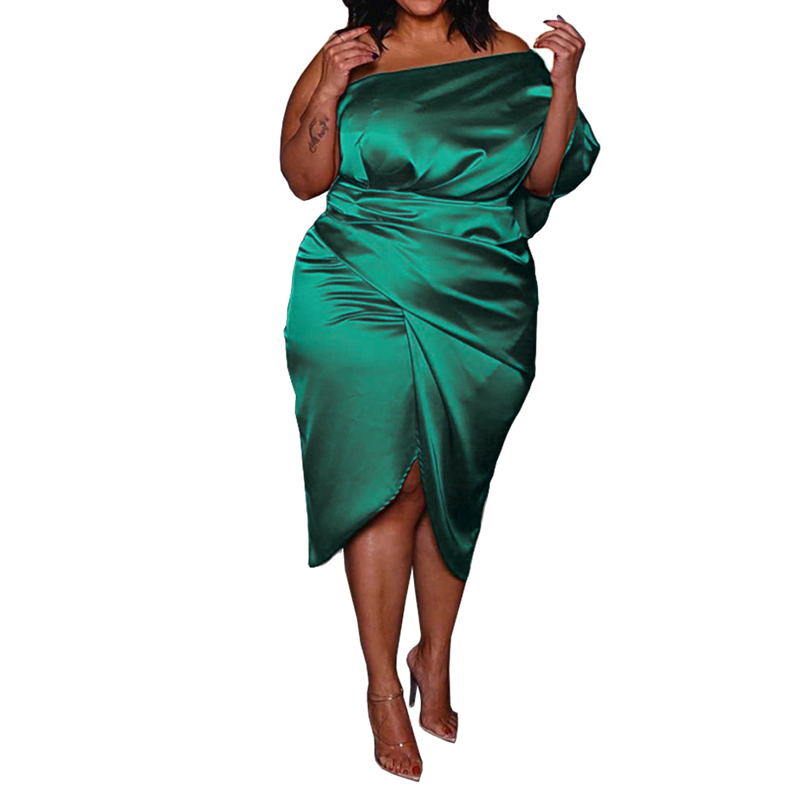 Summer Pleated Zipper Asymmetric One Short Sleeve Bright Women Plus Size  Dress Plus Size Dress Bronze XXL - Walmart.com