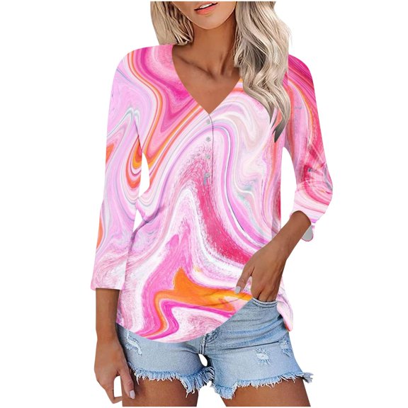 Summer Plus Size 3/4 Sleeves Tops for Womens Fashon Spring And Summer Print Top Collar Button Sexy Shirt 3/4 Sleeve Long Sleeve V Neck Top/Shirt