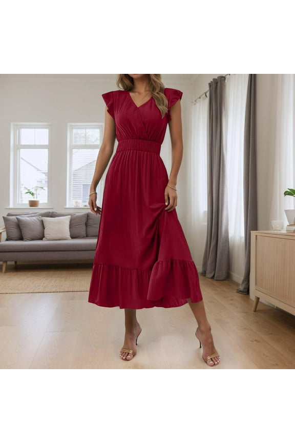 Summer Plus Size Beach Dresses For Women Bohemian Solid V-Neck Long Beach Sunes Sleeveless Solid Maxi Red Coverup Summer Dresses S-2XL