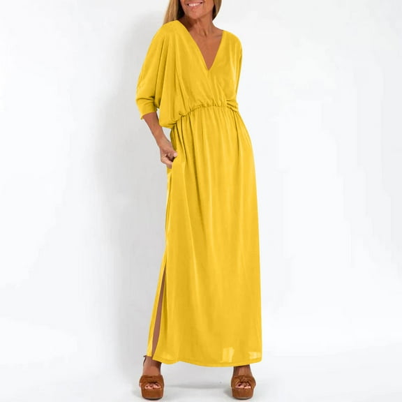 Summer Plus Size Beach Dresses For Women Casual Sleeveless Back Solid Color Yellow Coverup Summer Dresses S-3XL