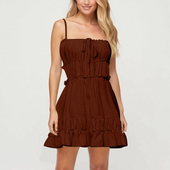 Summer Plus Size Beach Dresses For Women Casual Sleeveless Solid Camis Backless High Waist Mini Coverup Summer Dresses — Coffee∣S