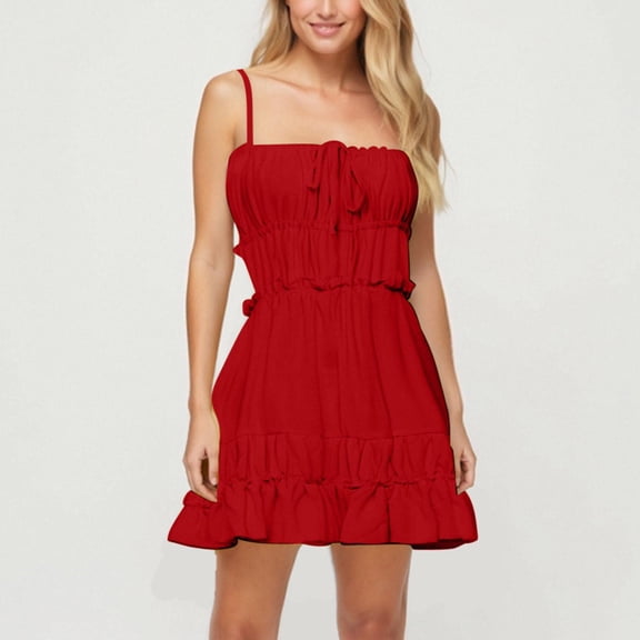 Summer Plus Size Beach Dresses For Women Casual Sleeveless Solid Camis Backless High Waist Mini Coverup Summer Dresses — Red∣S