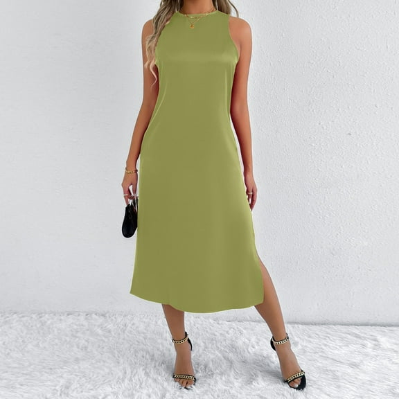 Summer Plus Size Beach Dresses For Women Solid Color Round Neck Sleeveless Coverup Summer Dresses — Green∣2XL