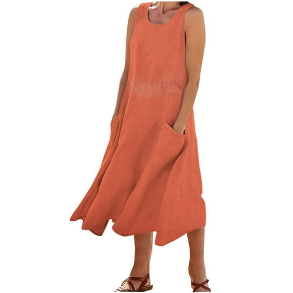 Summer Plus Size Beach Dresses for Womens 2025 Fashion Casual Solid Color Pocket Sleeveless Round-Neck Dress