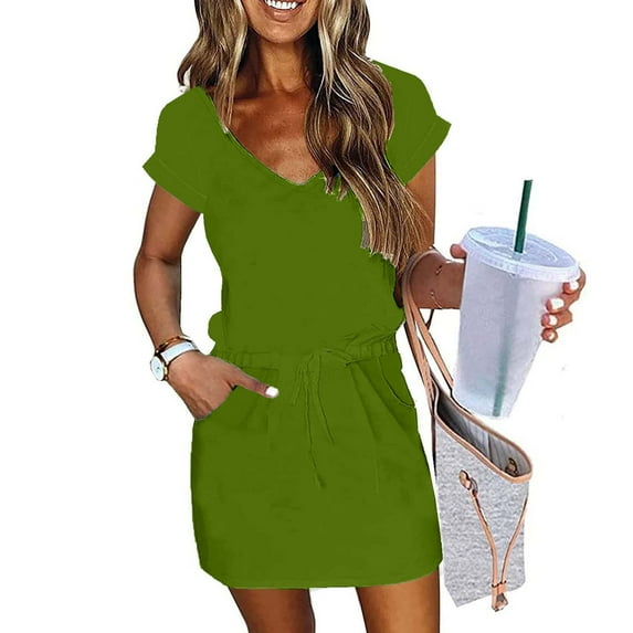 Summer Plus Size Beach Dresses for Womens 2025 Fashion Solid Color V-neck Short Sleeve Draw Rope Elastic Waist Pocket Pullover Dress