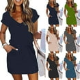 thumbnail image 1 of Summer Plus Size Beach Dresses for Womens 2025 Fashion Solid Color V-neck Short Sleeve Draw Rope Elastic Waist Pocket Pullover Dress, 1 of 8