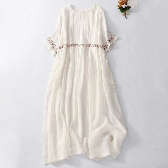 "Summer Plus Size Bohemian Vintage Embroidered Linen Maxi Dress Short Sleeve & Flowy Midi" Denim Dress for Women Casual V Neck Women Dress Womens with Pockets Womens Dresses Casual Dressy Casual