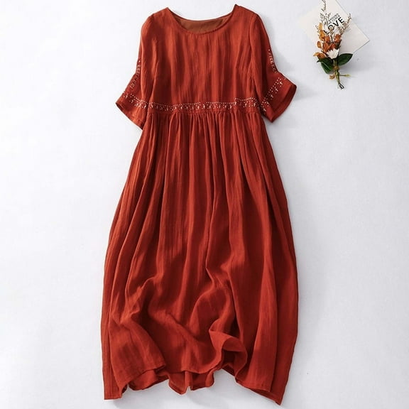 "Summer Plus Size Bohemian Vintage Embroidered Linen Maxi Dress Short Sleeve & Flowy Midi" Waist Defined Dress for Women Casual Dress with Belt Maxi Dress Petite Length T Shirt Casual Dresses for