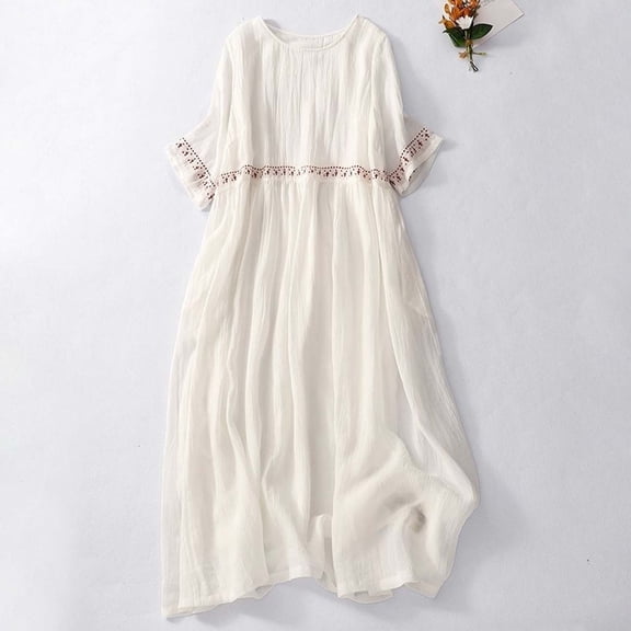 "Summer Plus Size Bohemian Vintage Embroidered Linen Maxi Dress Short Sleeve & Flowy Midi" Waist Defined Dress for Women Casual Dress with Belt Maxi Dress Petite Length T Shirt Casual Dresses for