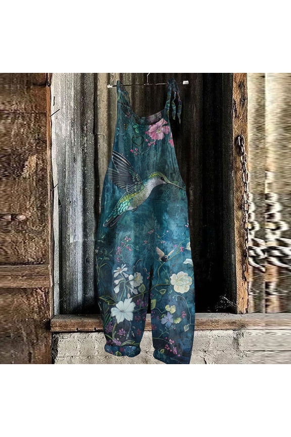 Summer Plus Size Boho Overalls for Women 2026 Hippie Cloth Floral Printed Jumpsuits Spaghetti Strap Rompers Blue M