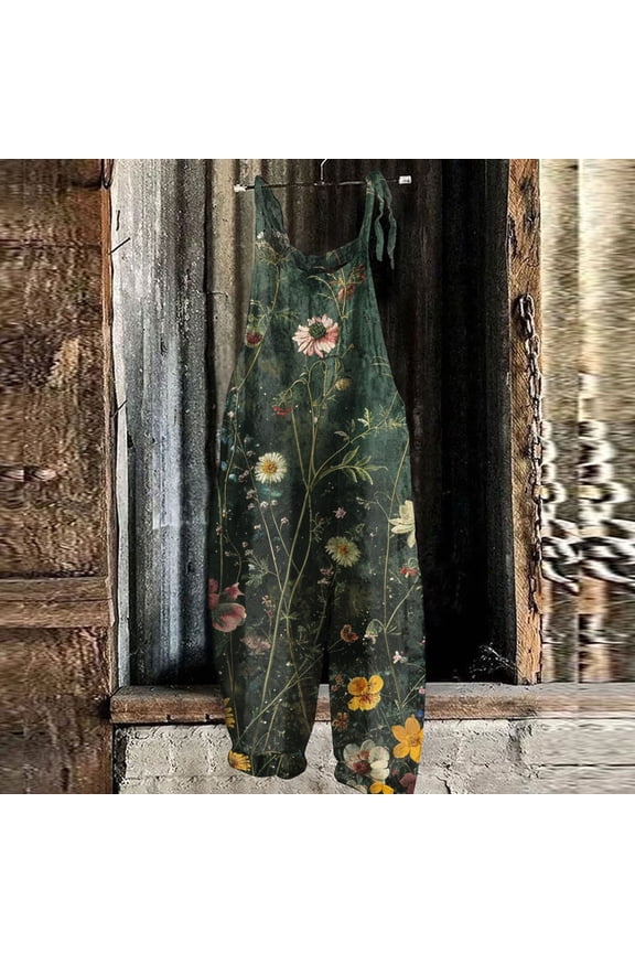 Summer Plus Size Boho Overalls for Women Hippie Cloth Floral Printed Jumpsuits Spaghetti Strap Rompers Green S