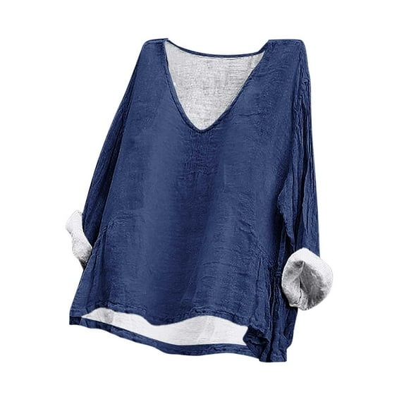 Summer Plus Size Cotton and Linen Tops for Women 2024 Fashion Long Sleeve Cotton and Linen Solid Color Printed V-neck d Linen Top Gifts for Women