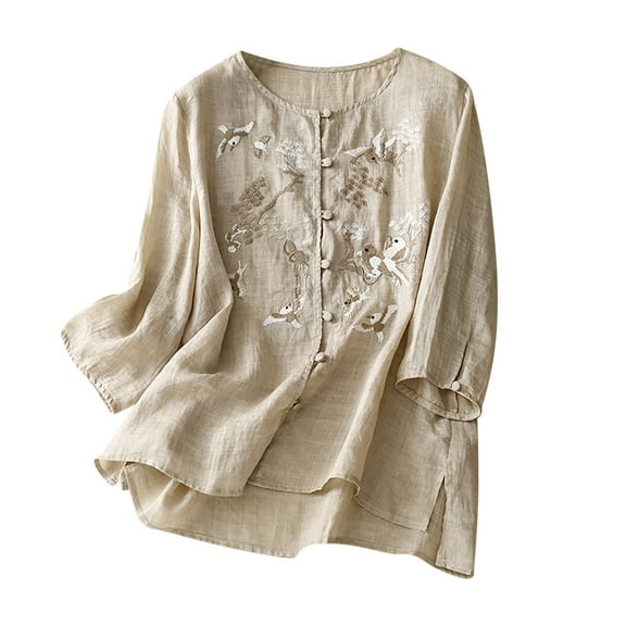 Summer Plus Size Cotton and Linen Tops for Women 2024 Fashion Long Sleeve Cotton and Linen Spring V-neck Tops Loose Blouse Casual Work Tunic Tops Gifts for Women