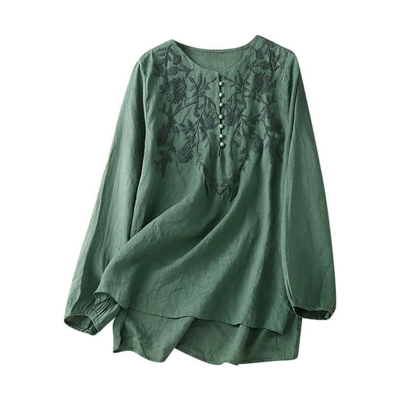 Summer Plus Size Cotton and Linen Tops for Women 2024 Fashion Long Sleeve Cotton and Linen Spring V-neck Tops Loose Blouse Casual Work Tunic Tops Gifts for Women