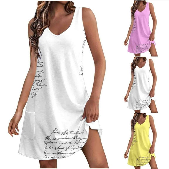 Summer Plus Size Dresses for Women 2024 Comfort Pocket Printing Sleeveless V-Neck Dress