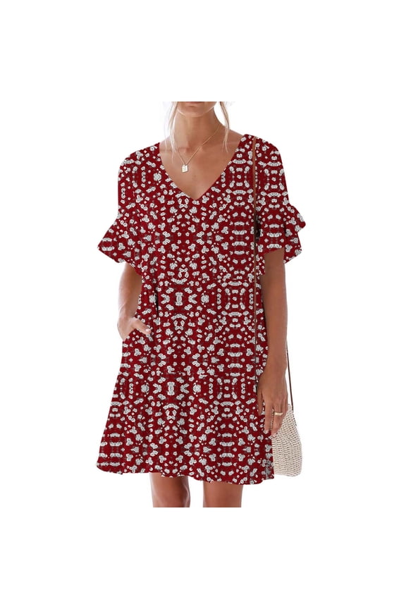 Summer Plus Size Dresses for Womens 2025 Fashion Casual Dress Sweet Cute V-Neck Dress Pocket Printed Short Sleevele Ruffle Dress