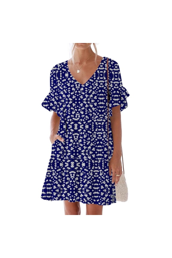 Summer Plus Size Dresses for Womens 2025 Fashion Casual Dress Sweet Cute V-Neck Dress Pocket Printed Short Sleevele Ruffle Dress