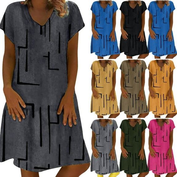 Summer Plus Size Dresses for Womens 2025 Fashion Casual Loose Stripe Patchwork V-Neck Short Sleeves Dress