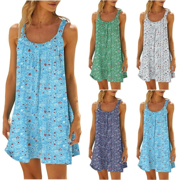 Summer Plus Size Dresses for Womens 2025 Fashion Casual Printed Round-Neck Sleeveless Loose Knee-Length Dress