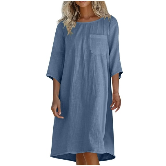 Summer Plus Size Dresses for Womens 2025 Fashion Casual Round Neck 3/4 Sleeve Solid Beach Sundresses Pockets Dress