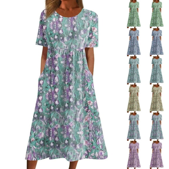 Summer Plus Size Dresses for Womens 2025 Fashion Casual Round Neck Short Sleeve Zipper Folding Floral Printed Dresses