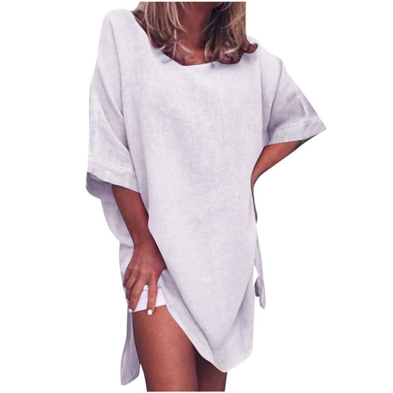 Summer Plus Size Dresses for Womens 2025 Fashion Casual Solid Color Mid-Sleeve Cotton Linen Slit Dress