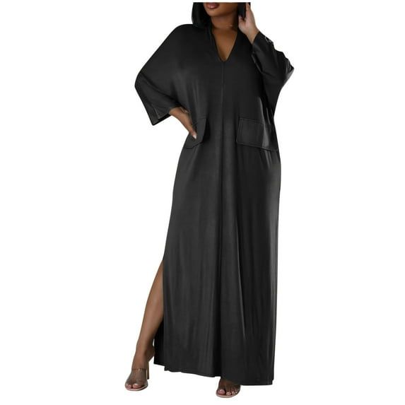 Summer Plus Size Dresses for Womens 2025 Fashion Fall Solid Color Short Sleeved V-Neck Slit Loose Dress Without Pockets