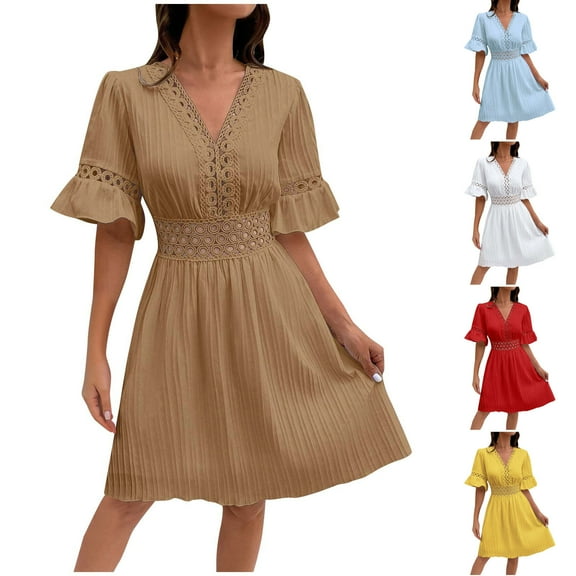 Summer Plus Size Dresses for Womens 2025 Fashion New Patchwork Lace V-neck Waist Cinching Solid Color Dress