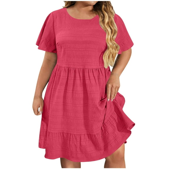 Summer Plus Size Dresses for Womens 2025 Fashion Plus Size Casual Solid Short Sleeved Round Neck Dress