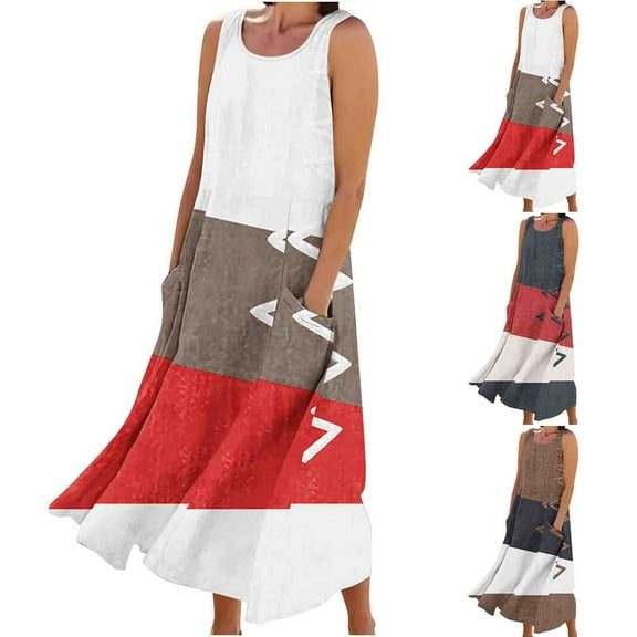 Summer Plus Size Dresses for Womens 2025 Fashion Sleeveless And Linen Round Neck Printed Long Dress