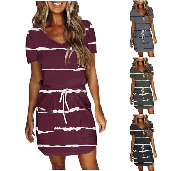 Summer Plus Size Dresses for Womens 2025 Fashion Solid Color Short Sleeve V-Neck Mid-Calf Dress