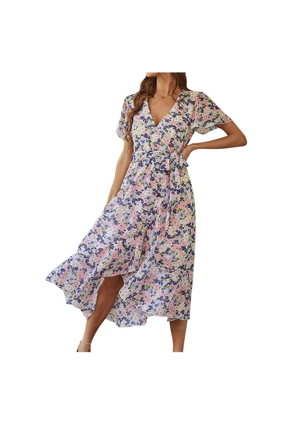 Summer Plus Size Dresses for Womens 2025 Fashion Spring V-Neck Printing Short Sleeve Casual Loose Dress