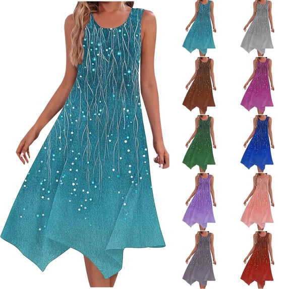 Summer Plus Size Dresses for Womens 2026 Fashion Beach Printing Pockets Tank Round-Neck Sleeveless Tank Dresses