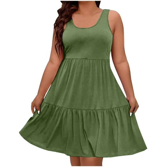 Summer Plus Size Dresses for Womens 2026 Fashion Casual Round-Neck Sleeveless Solid Color Dress