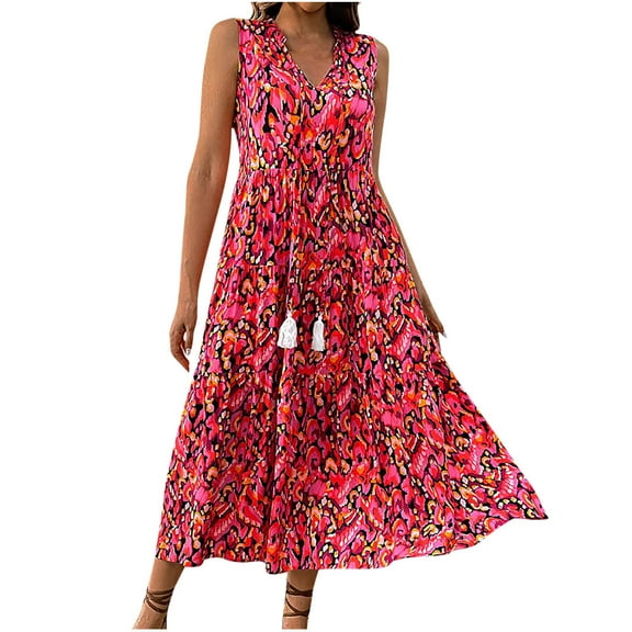 Summer Plus Size Dresses for Womens 2026 Fashion Flower Print V-neck Sleeveless Tassels Loose Comfortable Dress