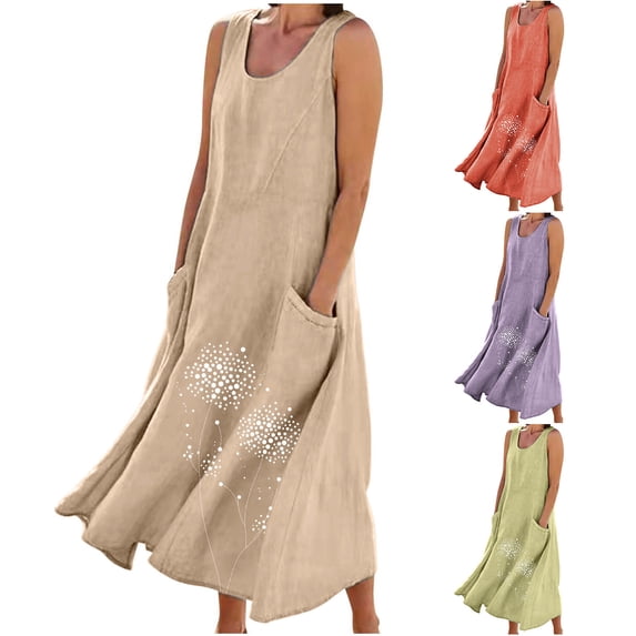 Summer Plus Size Dresses for Womens 2026 Fashion New Sleeveless Cotton And Linen Solid Color Round Neck Printed Long Dress