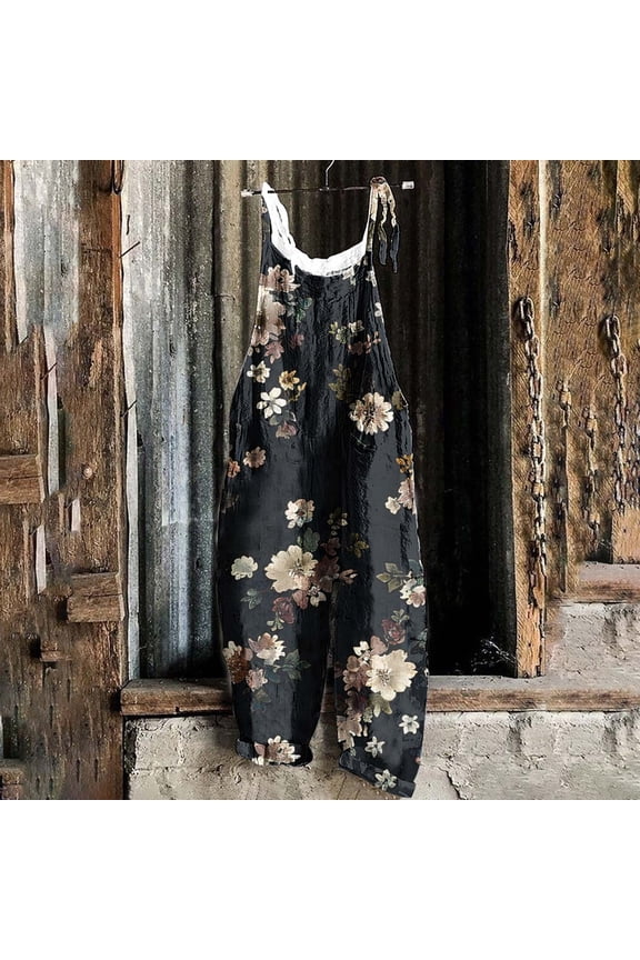 Summer Plus Size Floral Boho Bib Cotton Linen Overalls for Women 2025 Hippie Jumpsuits Print Spaghetti Strap Rompers, 2026 New Limit time off