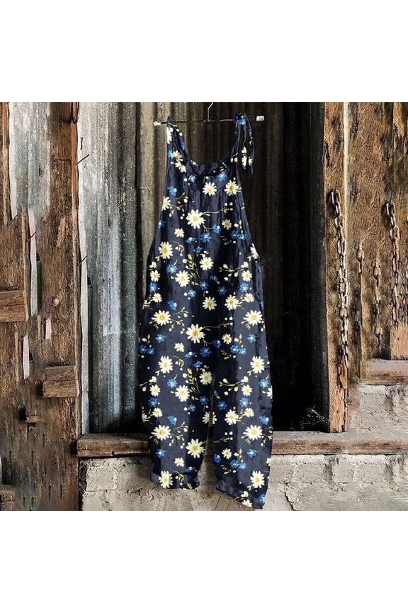 Summer Plus Size Floral Boho Bib Cotton Linen Overalls for Women 2025 Hippie Jumpsuits Print Spaghetti Strap Rompers, 2026 New Limit time off