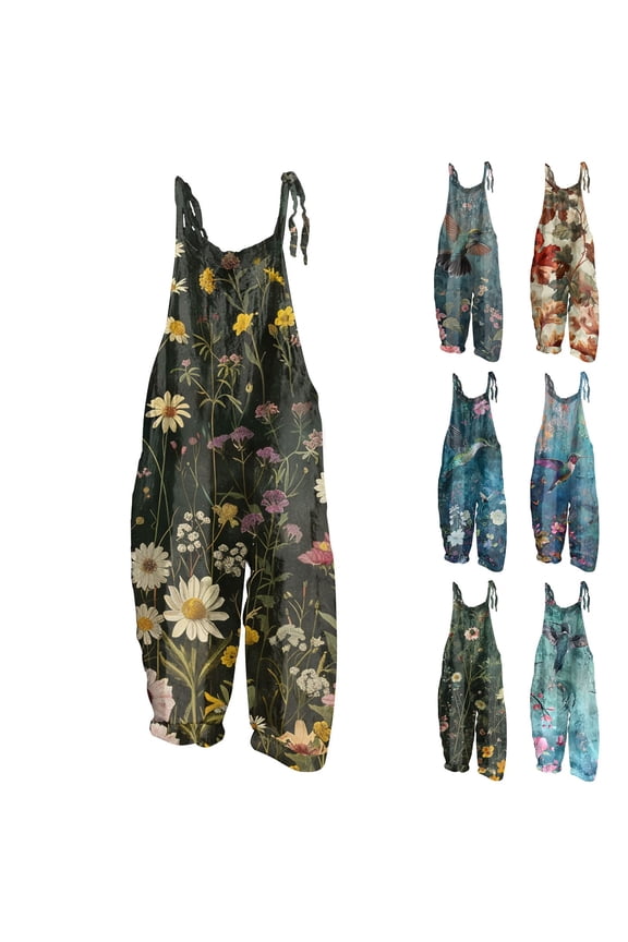 Summer Plus Size Floral Boho Bib Cotton Linen Overalls for Women 2026 Hippie Jumpsuit Print Rompers Blue L