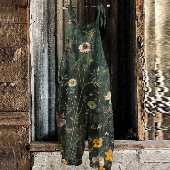 Summer Plus Size Boho Overalls for Women Hippie Cloth Floral Printed Jumpsuits Spaghetti Strap Rompers Green L