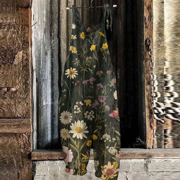 Summer Plus Size Floral Boho Bib Overalls for Women Hippie Jumpsuit Print Spaghetti Strap Rompers Dark Green 5XL