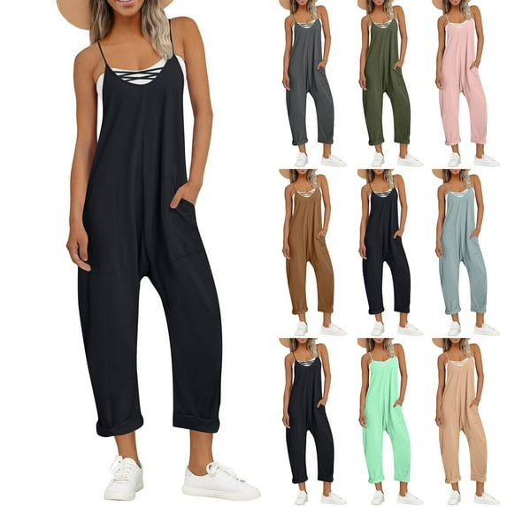 Summer Plus Size Jumpsuits for Women Casual and Fashion Solid Color Cold Shoulder Jumpsuit Solid Suspender Jumpsuits Wide Pocket Leg Pant