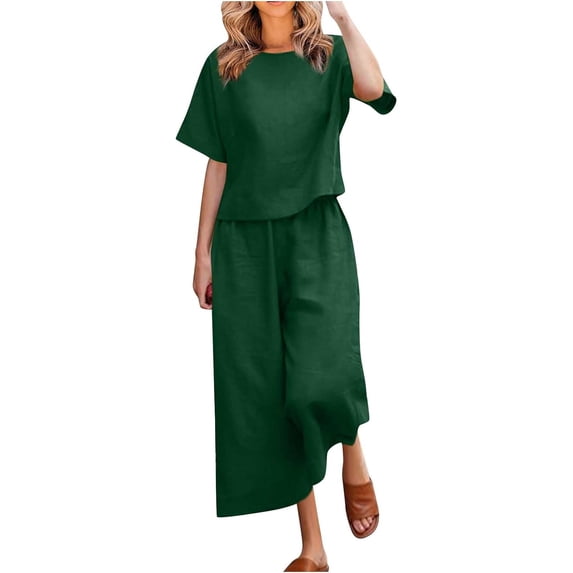 Summer Plus Size Linen Sets for Women 2 Piece Outfits Crewneck Half Sleeve Long Pants Lounge Solid Set with Pockets