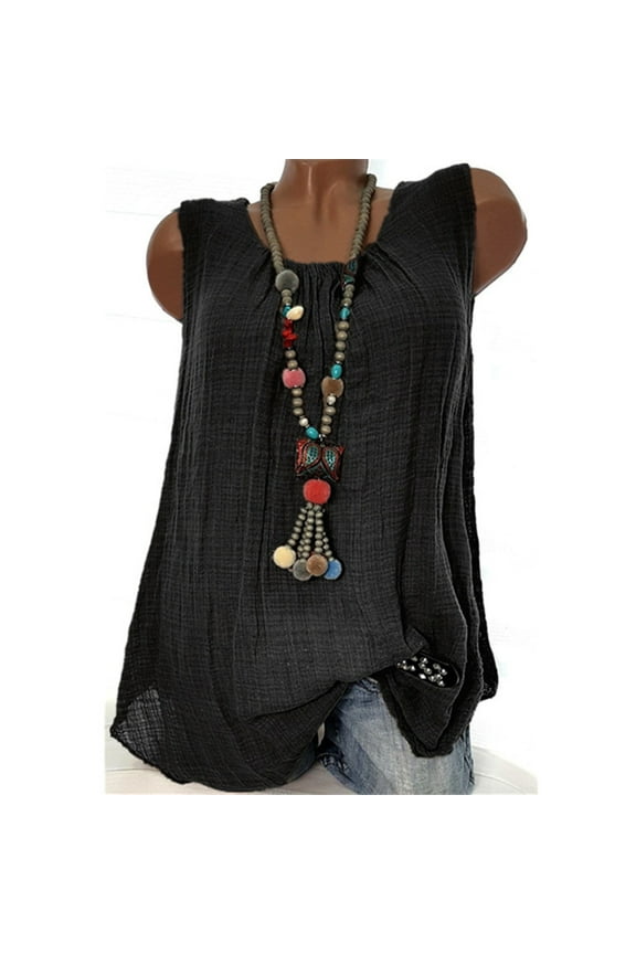 Summer Plus Size Linen Tops for Women Sleeveless Tunic Tops Solid Color Casual Loose Swing Shirts Flowy Tank Tops Blouses