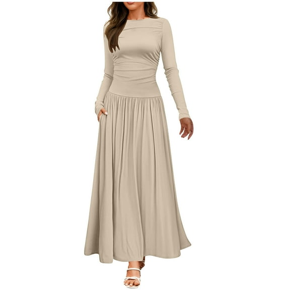 Summer Plus Size Long Dresses for Womens 2025 Fashion Long Sleeve Maxi Dress 2024 Fall Crewneck Knit Casual Slim Pleated Dresses With Pockets