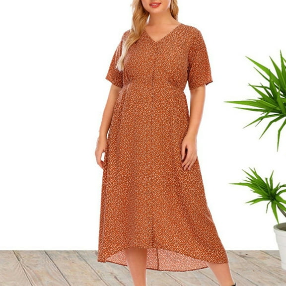 Summer Plus Size Long Dresses for Womens 2025 Fashion Casual Short Sleeved V-neck Printed Button Pocket Dress