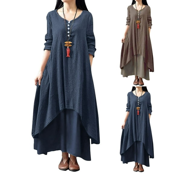 Summer Plus Size Long Dresses for Womens 2025 Fashion Round-Neck Solid Long Dress Helf Sleeve Buttons Dress