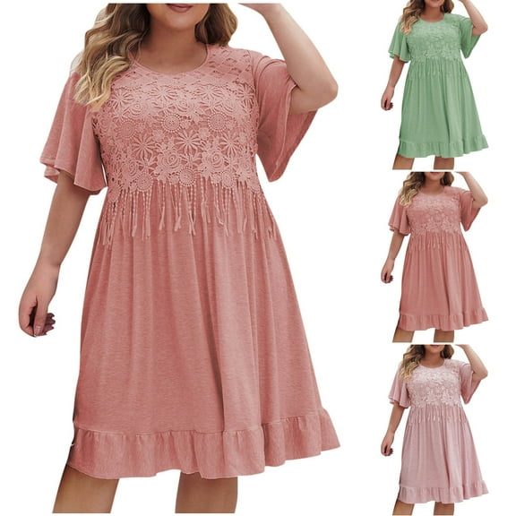 Summer Plus Size Long Dresses for Womens 2025 Fashion Solid Color Round-Neck Short Sleeved Casual Thin Strap Dress