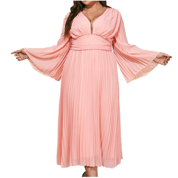 Summer Plus Size Long Dresses for Womens 2025 Fashion Solid Color Sexy Solid Color Zipper Long Sleeve V-Neck Dress